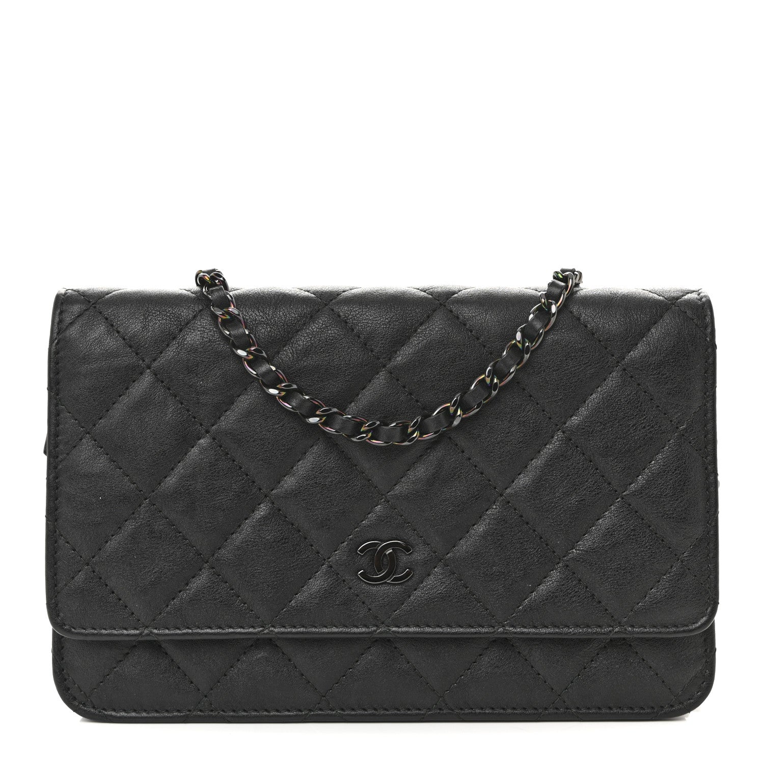 Crumpled Calfskin Quilted Wallet On Chain WOC So Black