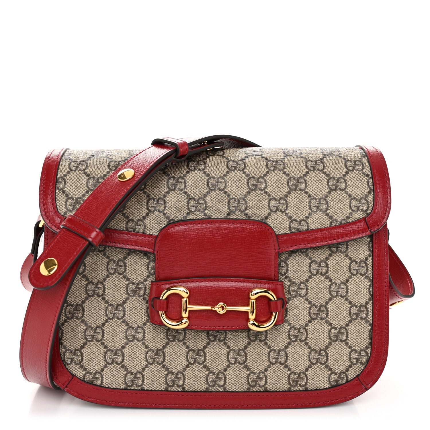 GG Supreme Monogram Azalea Calfskin Horsebit 1955 Shoulder Bag Beige Ebony New Cherry Red