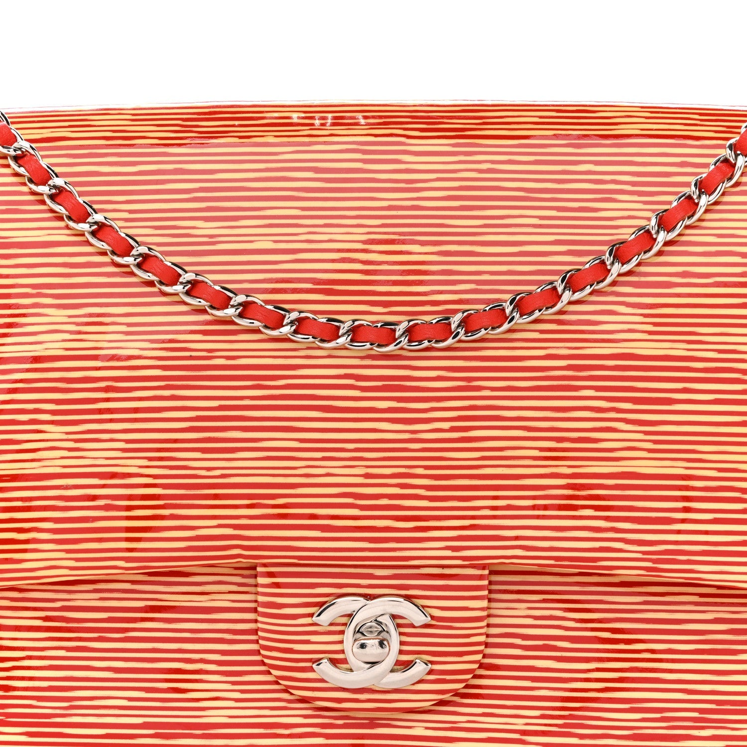 Patent Calfskin Striped Clutch With Chain Flap Red