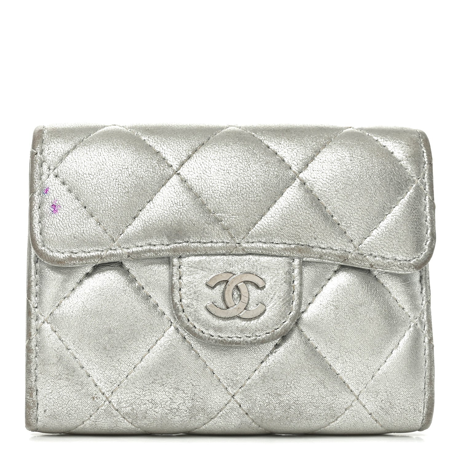 Metallic Lambskin Quilted Flap Card Holder Wallet Silver