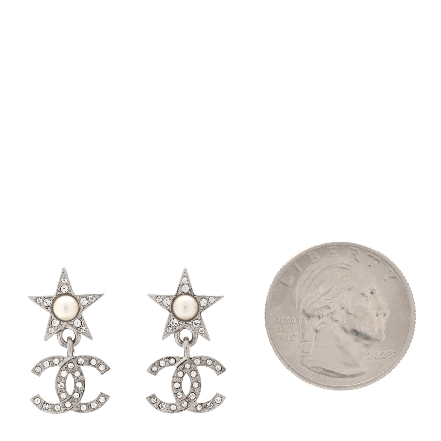 Crystal CC Pearl Star Drop Earrings Silver