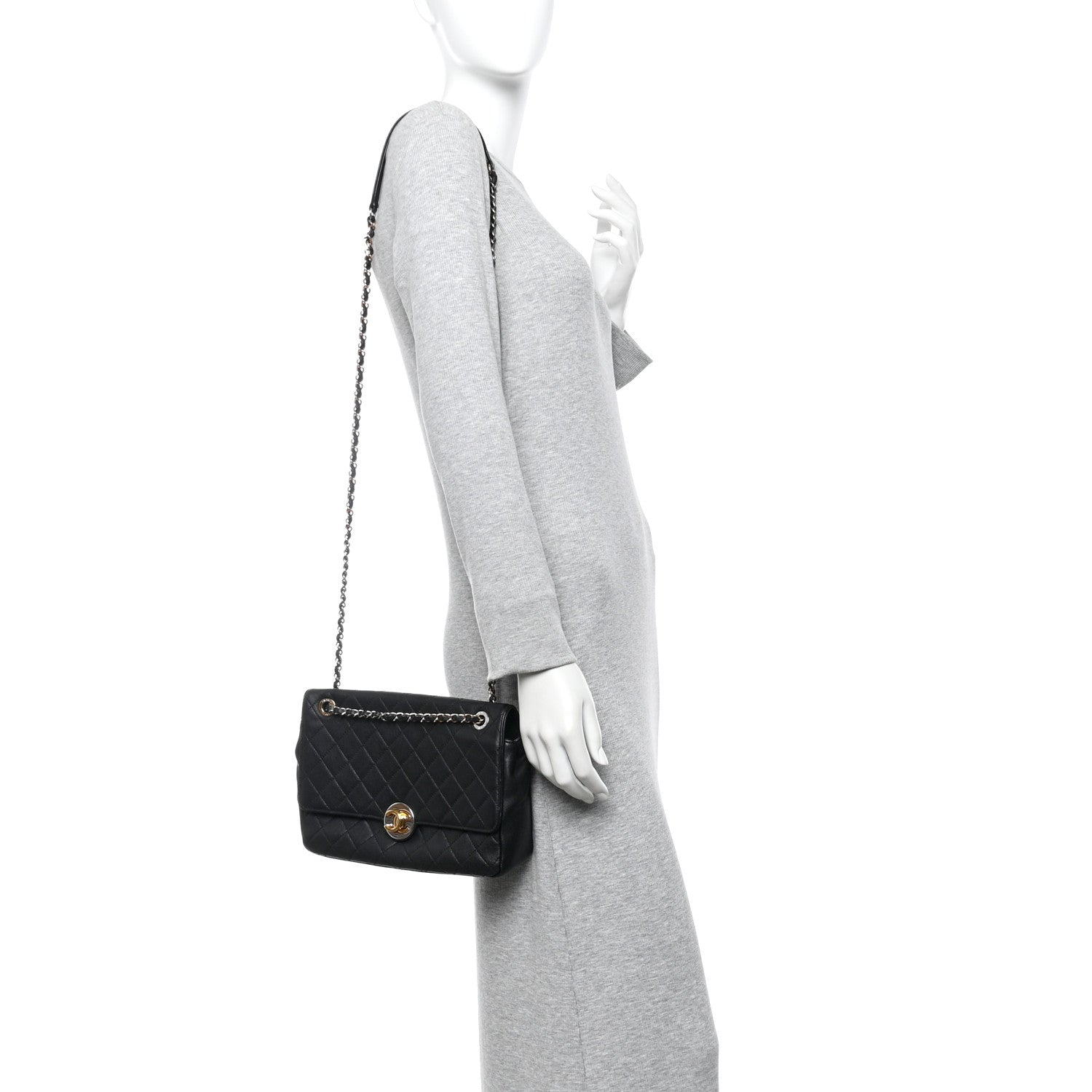 Calfskin Quilted Turn And Lock Flap Bag Black