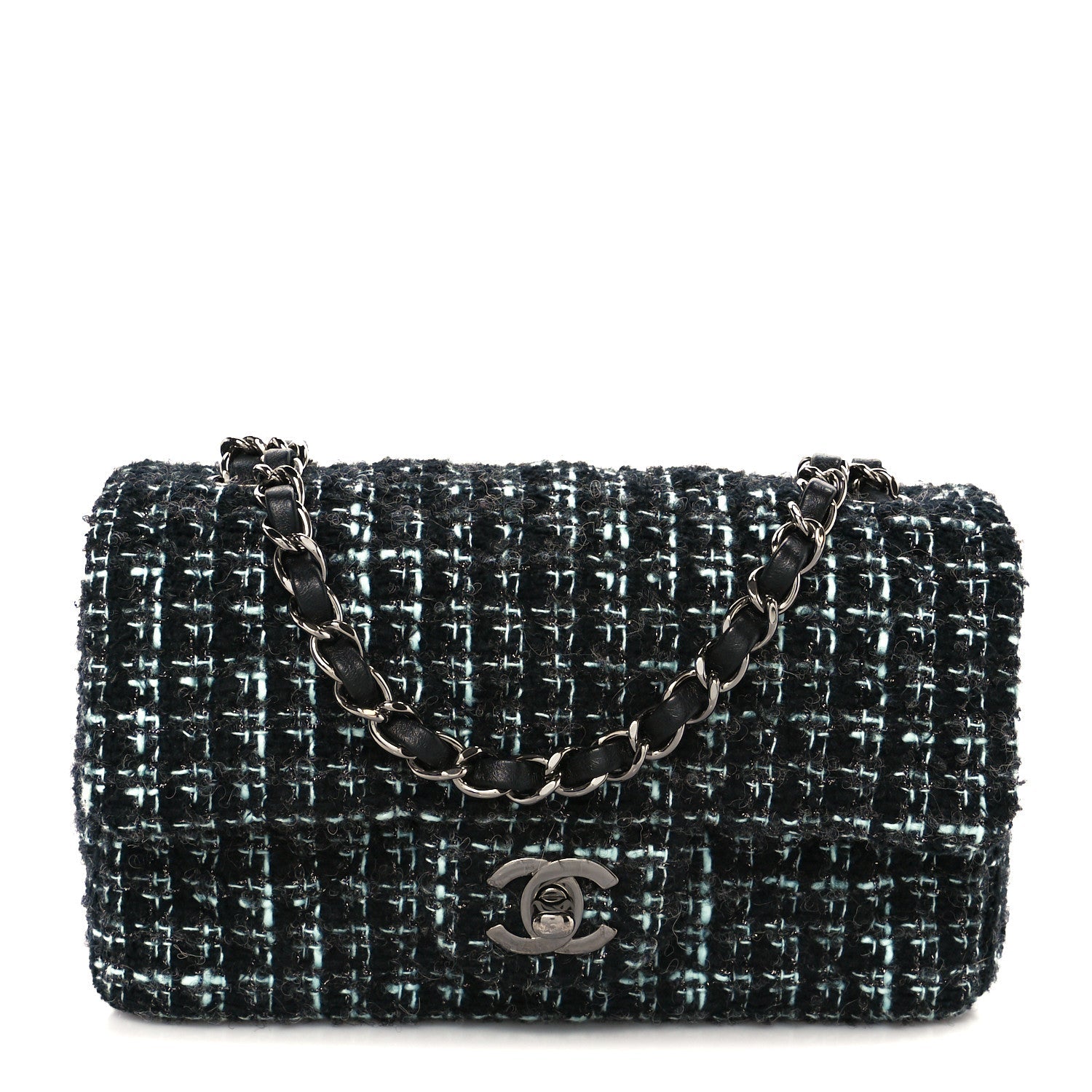 Tweed Quilted Mini Rectangular Flap Black Turquoise