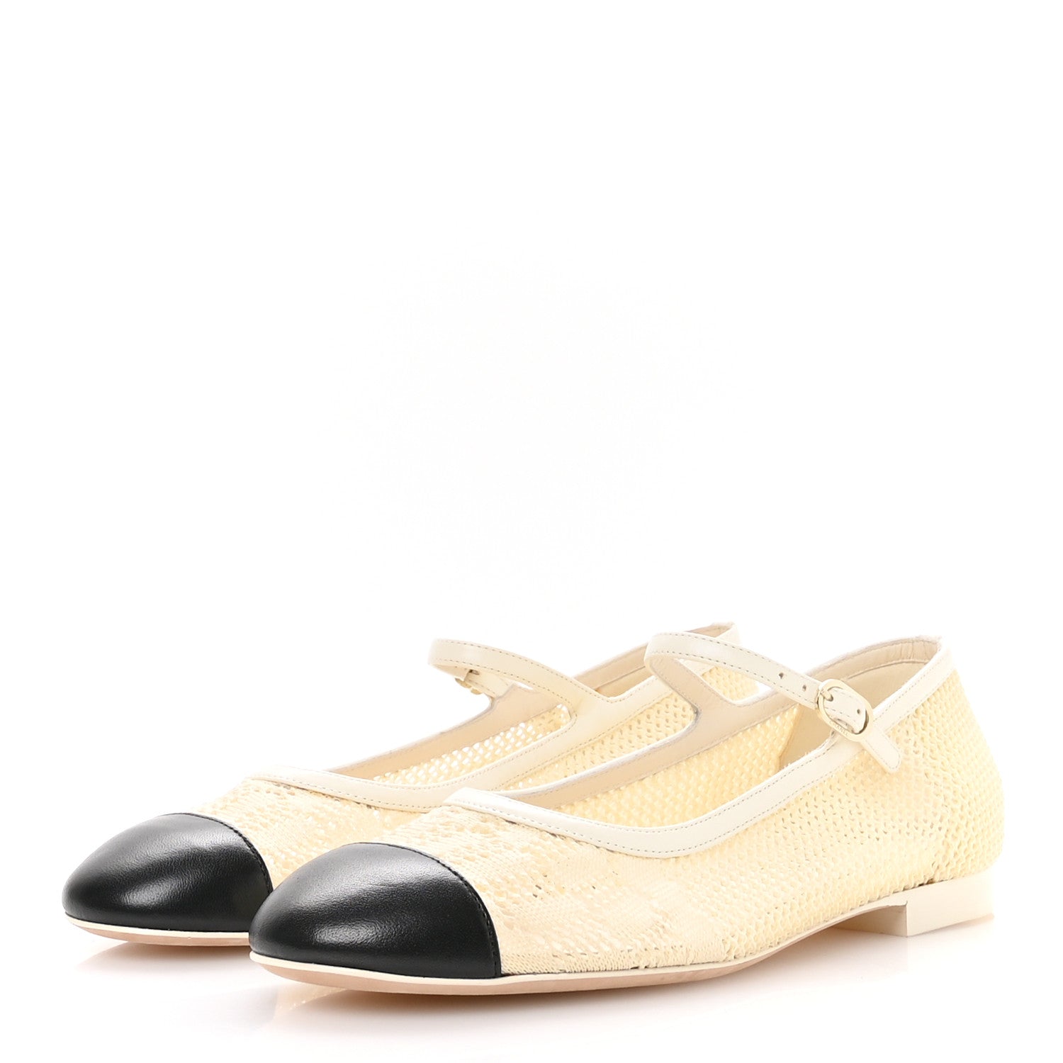 Crochet Lambskin Cap Toe Mary Jane Flats 39 Natural Beige Black
