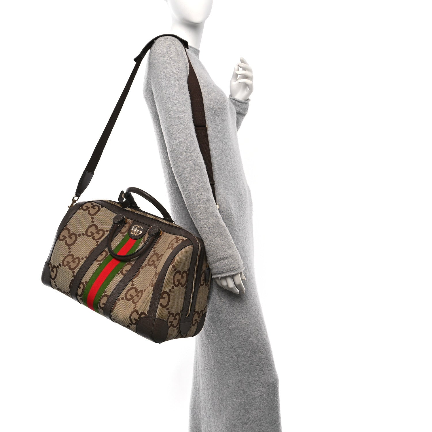 Monogram Jumbo GG Textured Dollar Calfskin Web Medium Duffle Bag Camel Ebony