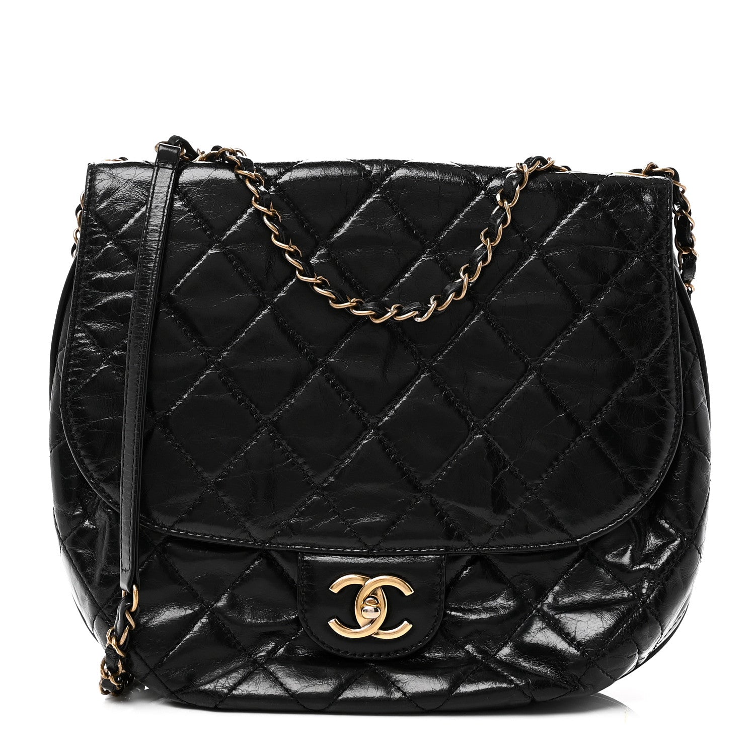Glazed Calfskin Quilted Medium Bubble CC Flap Black