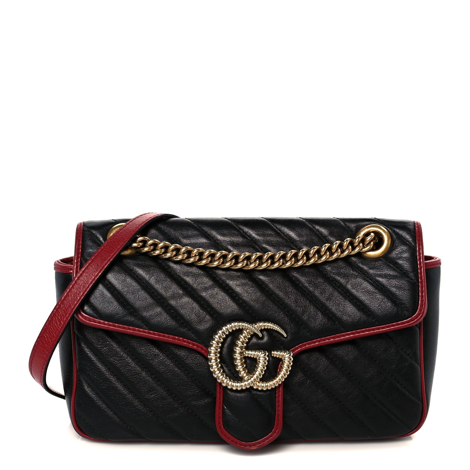 Vintage Effect Calfskin Matelasse Diagonal Small Torchon GG Marmont Shoulder Bag Black Romantic Cherry