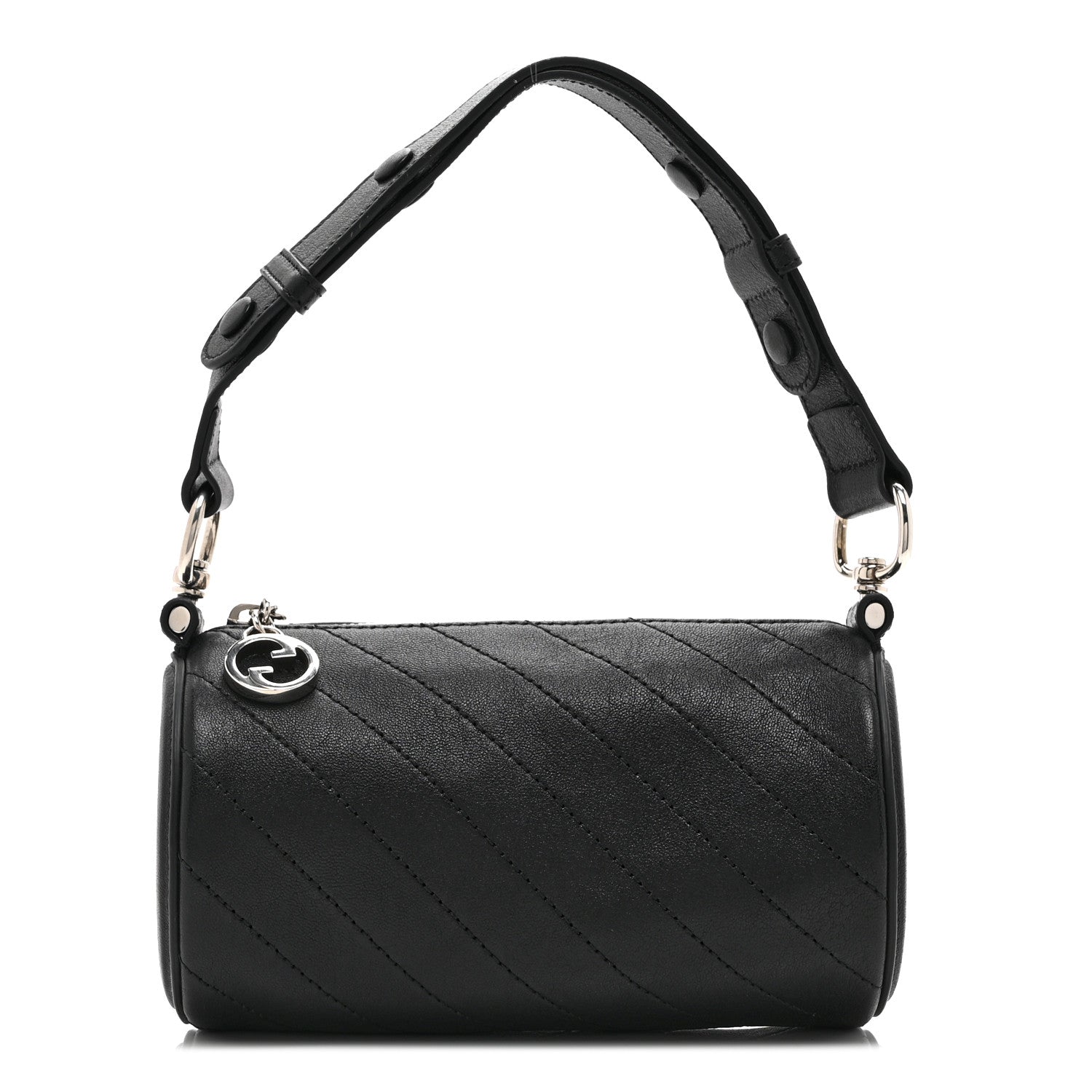 Sakai Be Green Calfskin Diagonal Stitched Mini Blondie Barrel Shoulder Bag Black