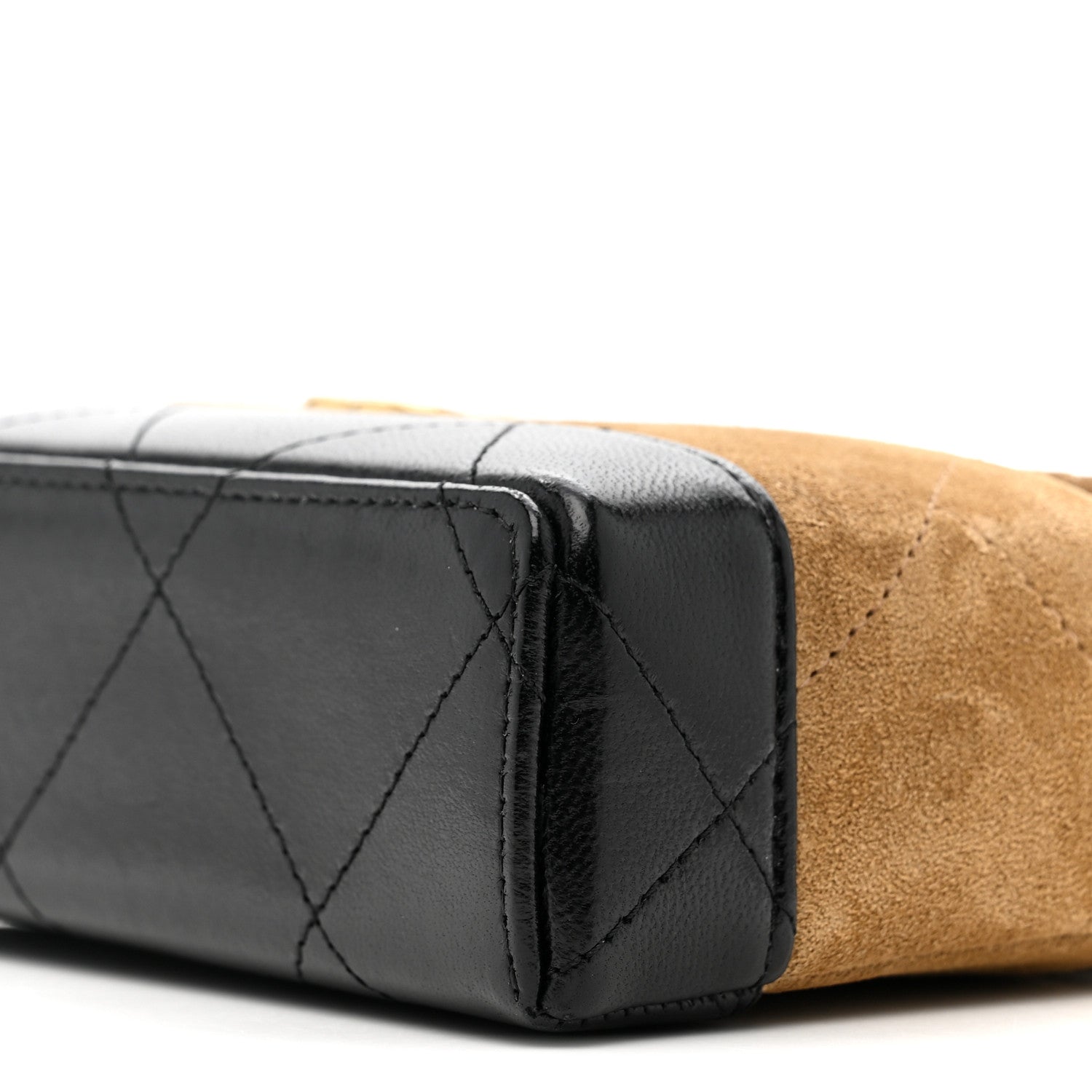 Suede Calfskin Shiny Lambskin Quilted Top Handle Slim Vanity Case With Chain Beige Black