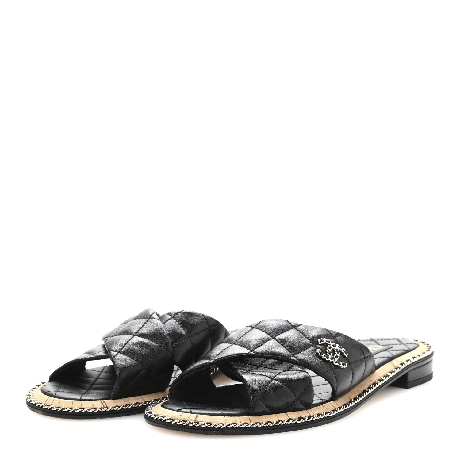 Lambskin Quilted Chain CC Sandals 39 Black