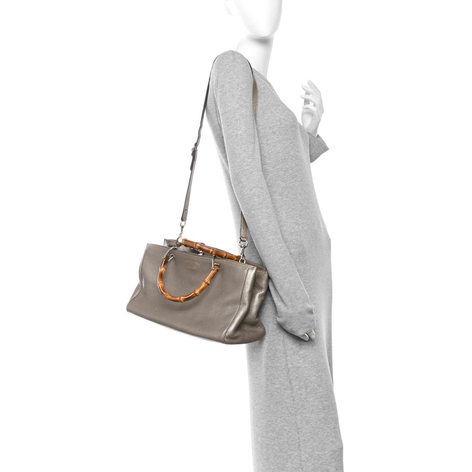 Metallic Pebbled Calfskin Medium Bamboo Shopper Tote Golden Beige