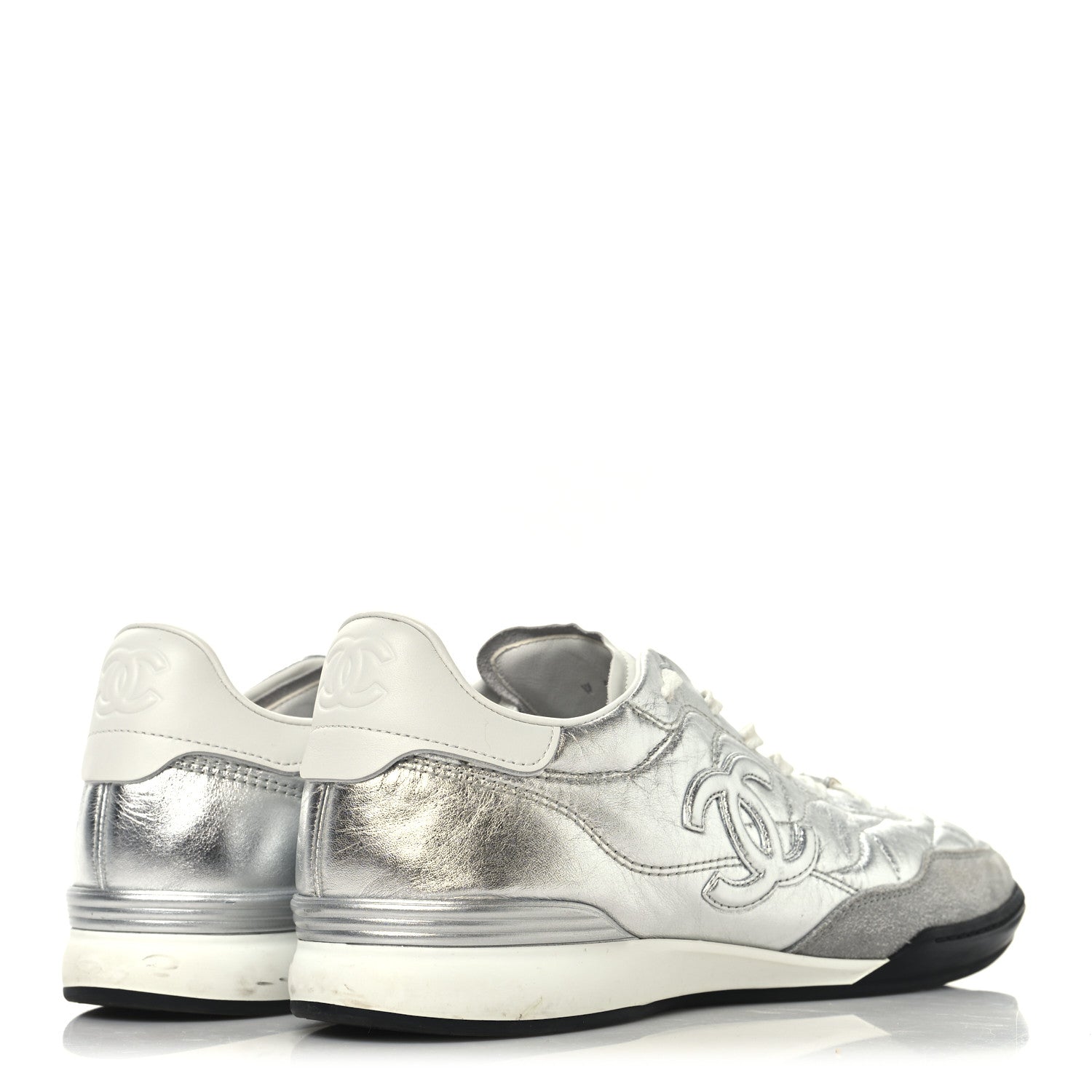 Laminated Calfskin Suede Quilted Womens CC Sneakers 41 Silver White Gray
