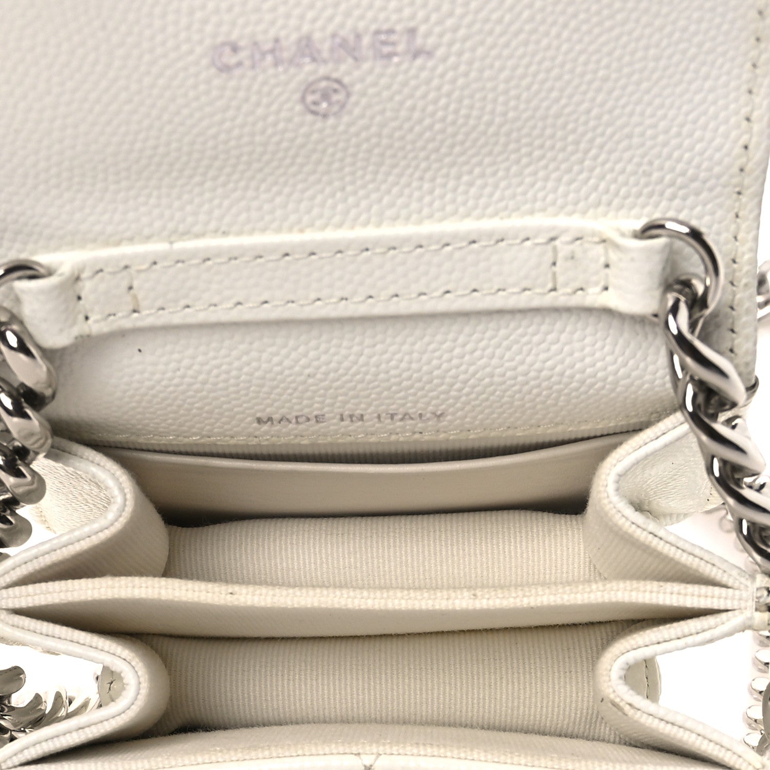 Caviar Quilted Enamel Coco Clutch With Chain White