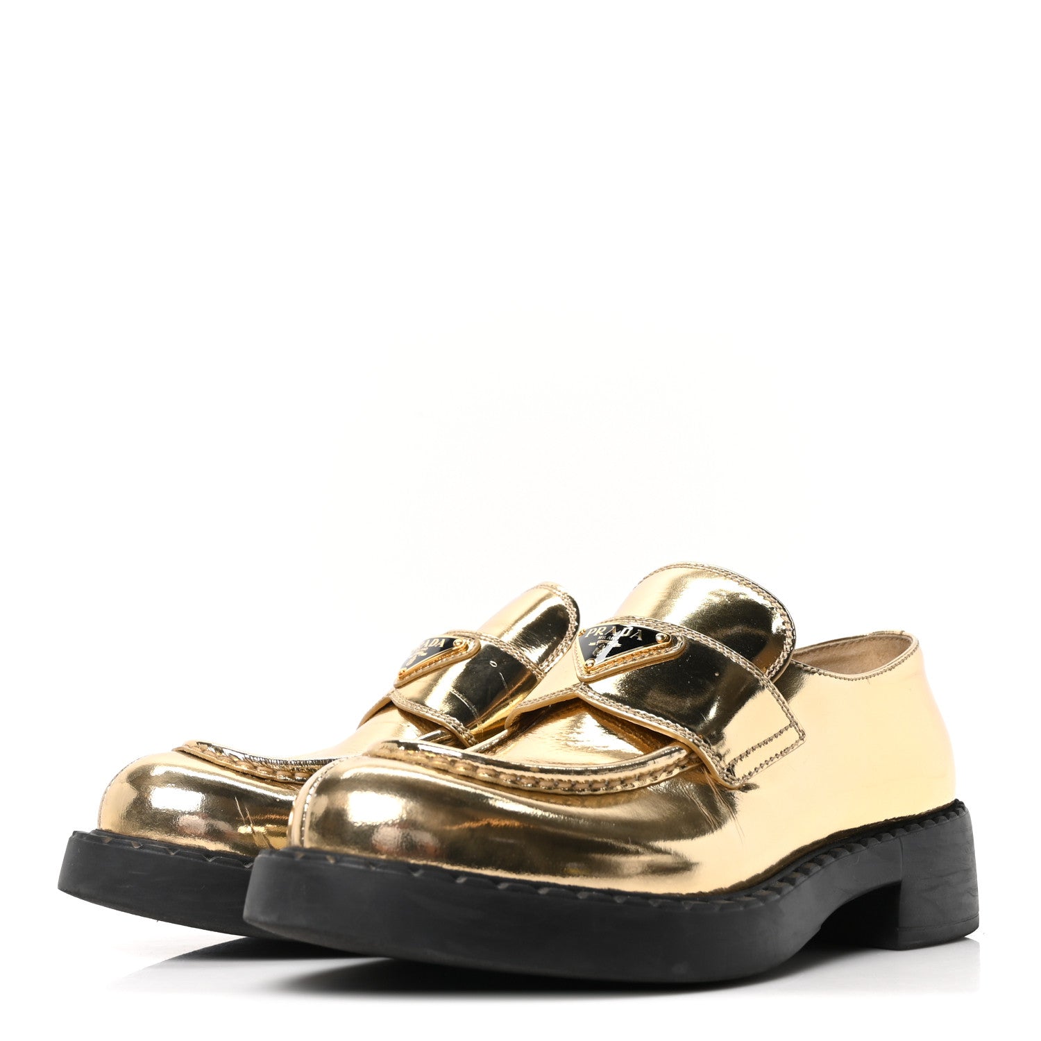 Metallic Brushed Calfskin Metal Triangle Logo 50mm Loafers 39.5 Platino