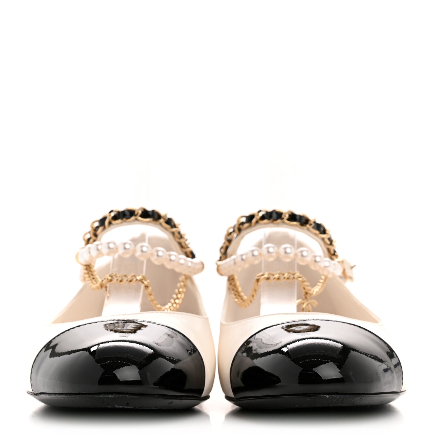 Shiny Lambskin Pearl Cap Toe Ankle Chain Ballerina Flats 38 White Black