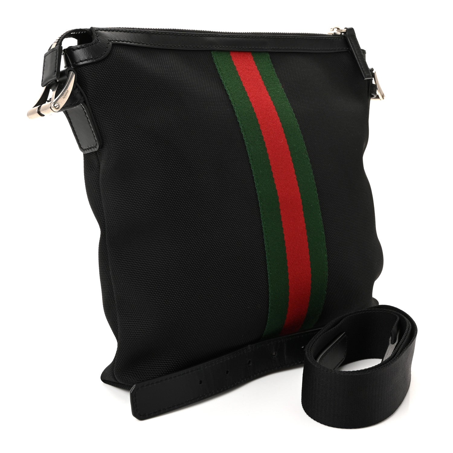 Techno Canvas Selleria Calfskin Web Small Flat Messenger Bag Black