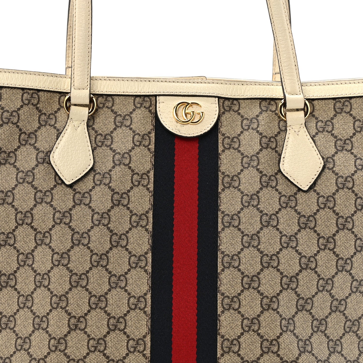GG Supreme Monogram Textured Dollar Calfskin Web Medium Ophidia Shopping Tote Beige Ebony Mystic White