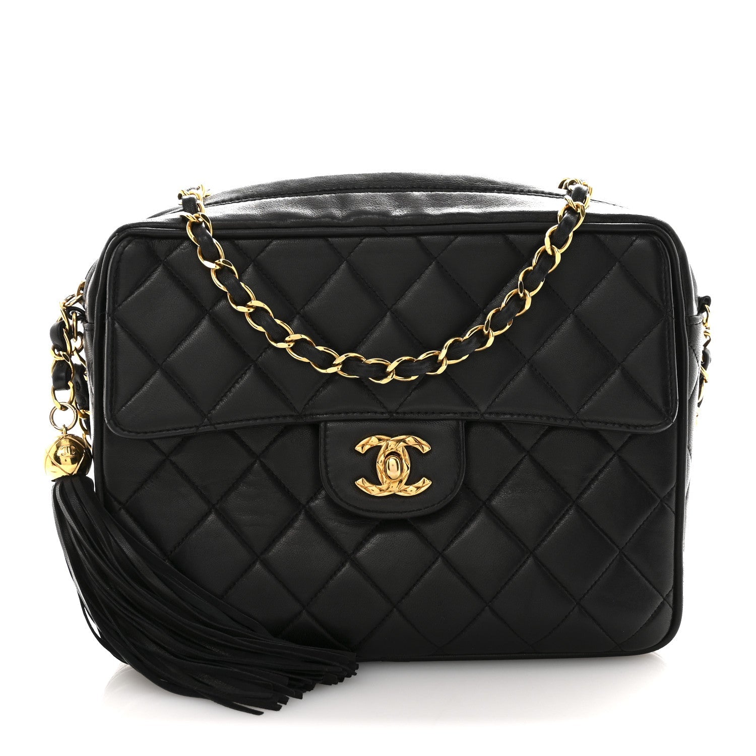 Lambskin Quilted Flap Camera Tassel Case Black