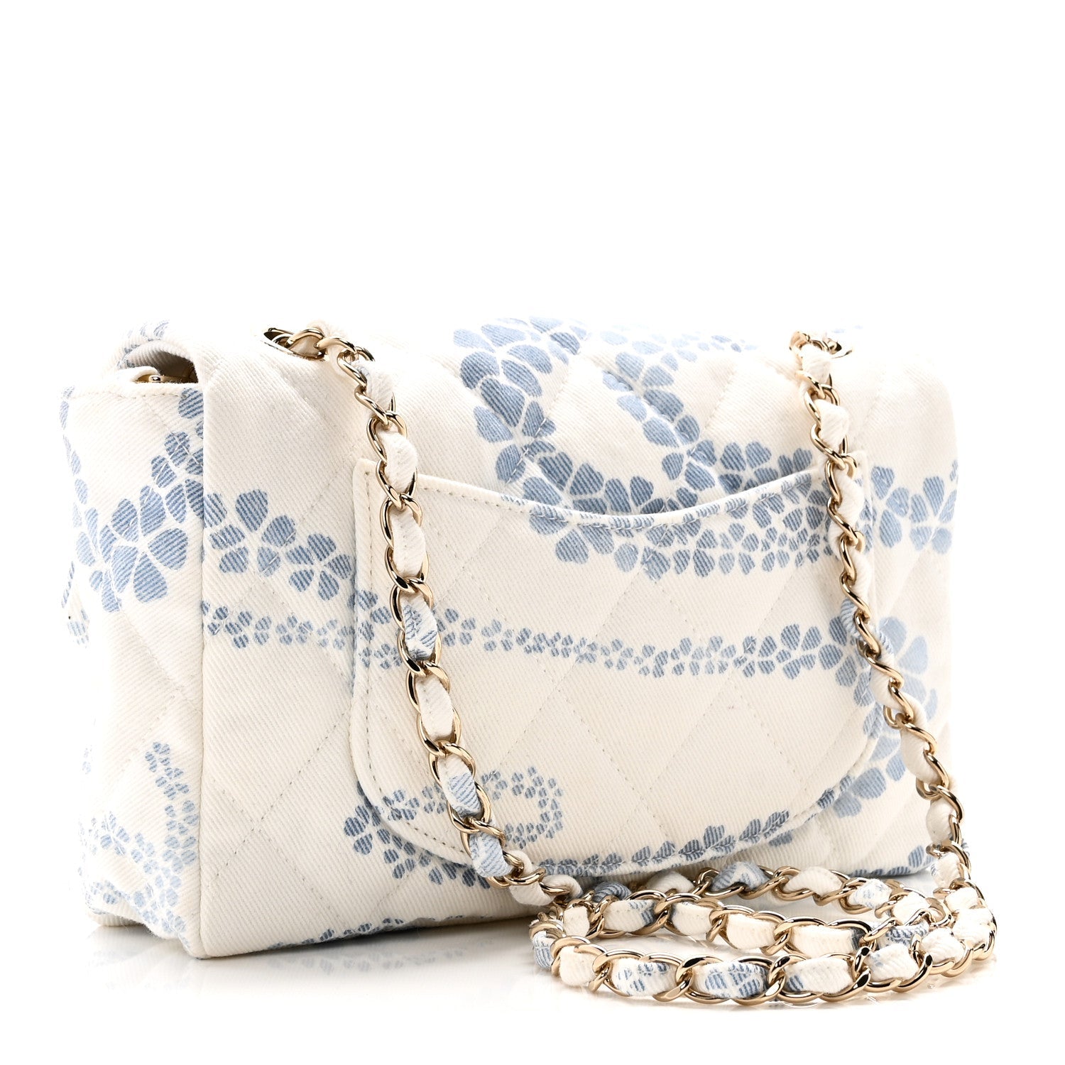 Printed Denim Coco Beach Quilted Small Single Flap Light Blue White