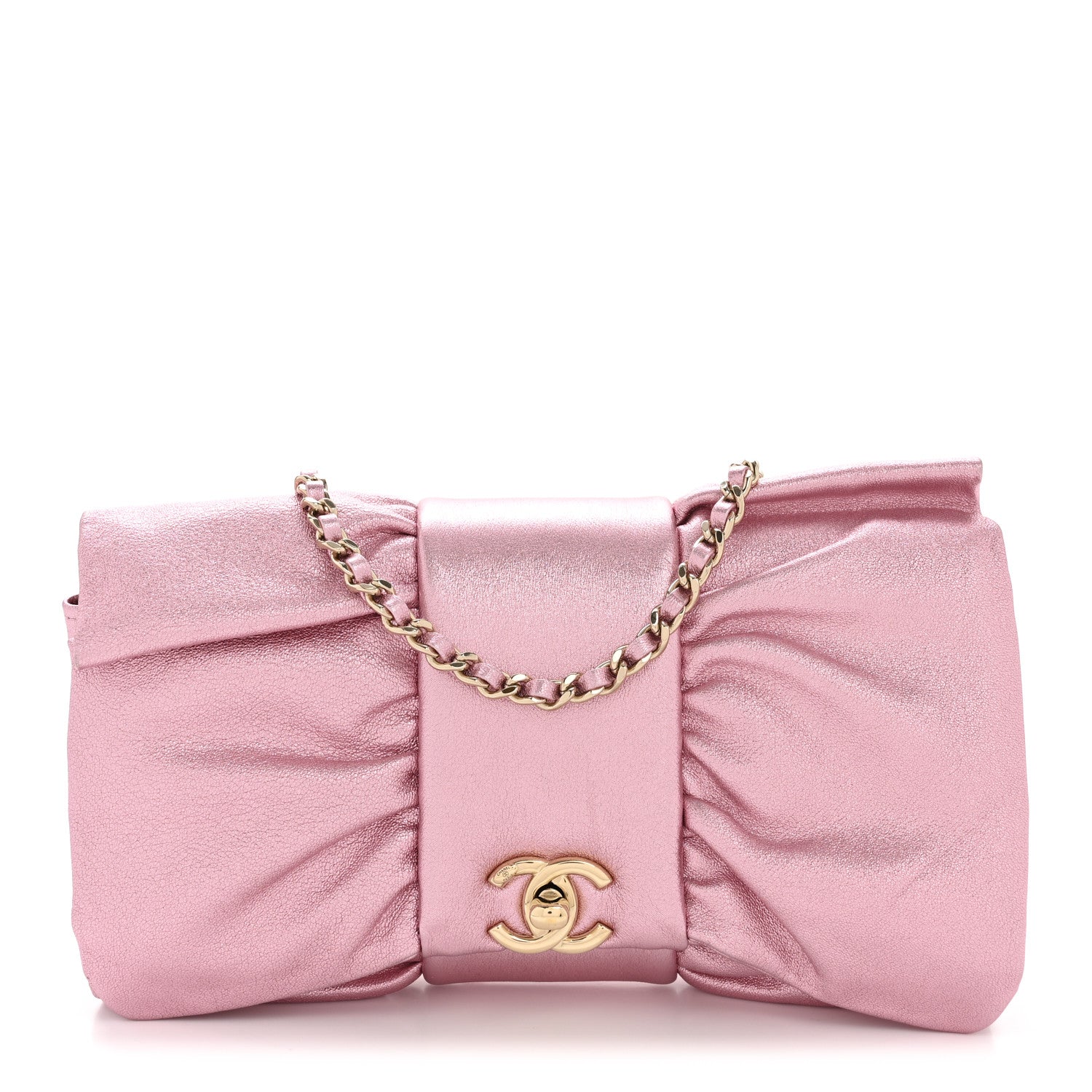 Metallic Lambskin Tie My Bow Flap Clutch With Chain Pink