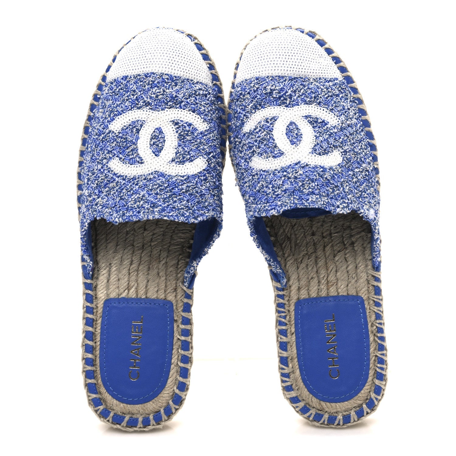 Tweed Sequin Cap Toe CC Espadrilles Mule 36 Blue White