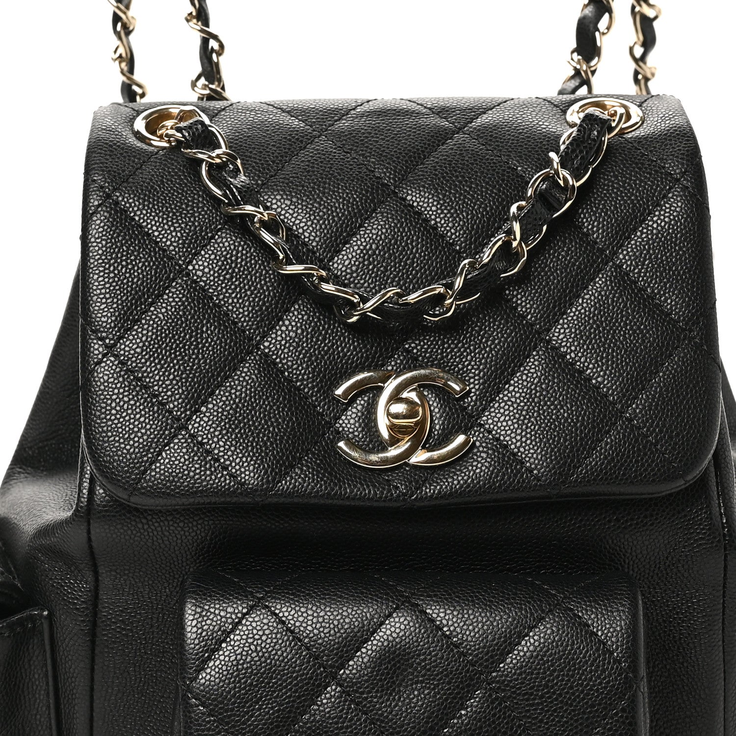 Shiny Caviar Quilted Small Pockets Drawstring Backpack Black
