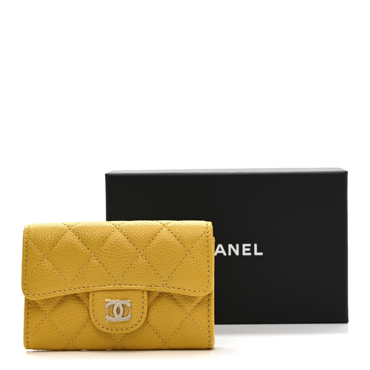Caviar Quilted Flap Card Holder Wallet Yellow