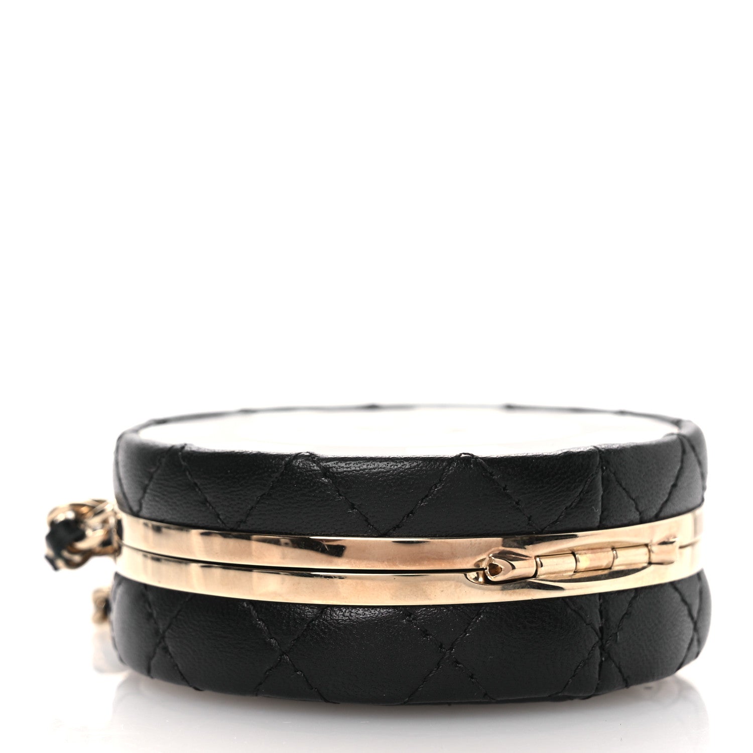 Lambskin Enamel Quilted Round Poker Chip Clutch With Chain Black White