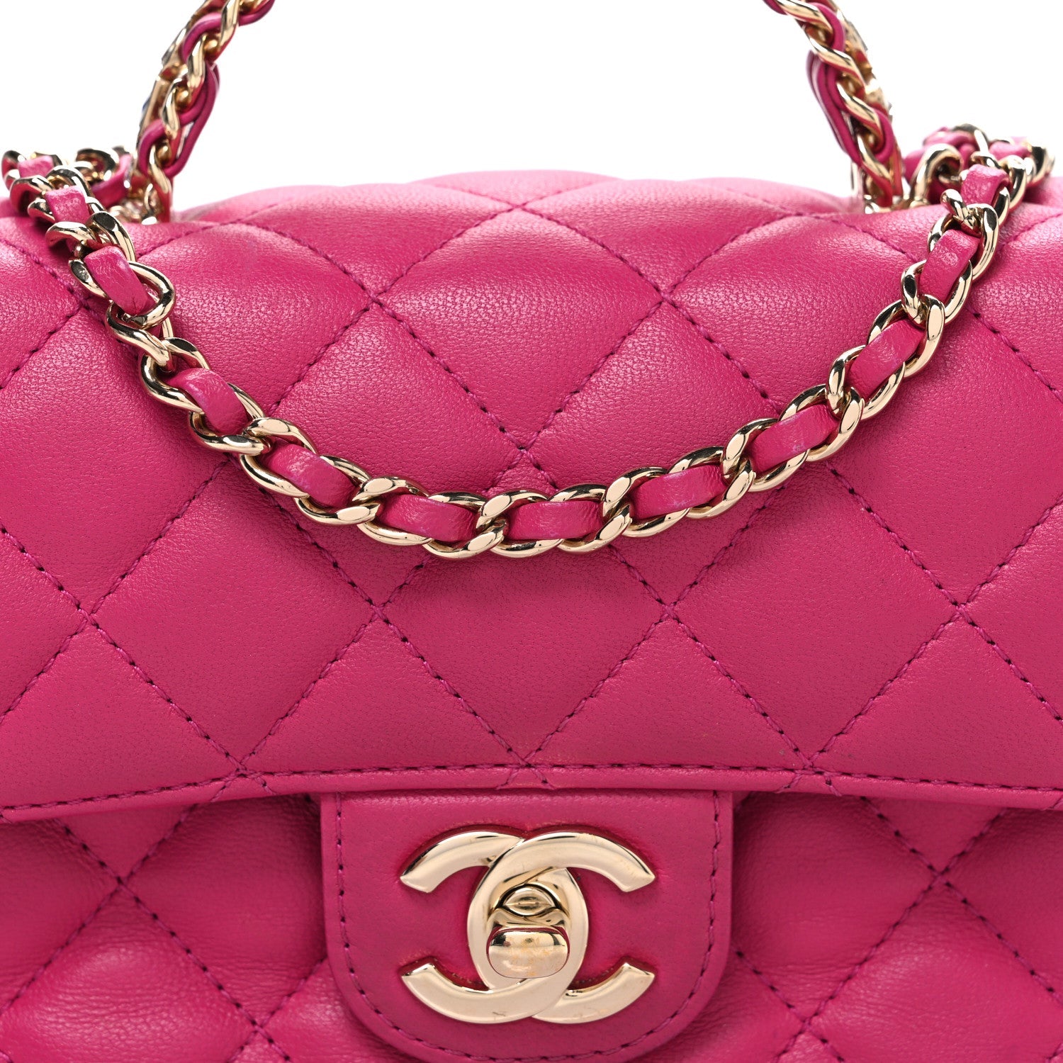 Lambskin Quilted Mini Crystal Top Handle Rectangular Flap Dark Pink