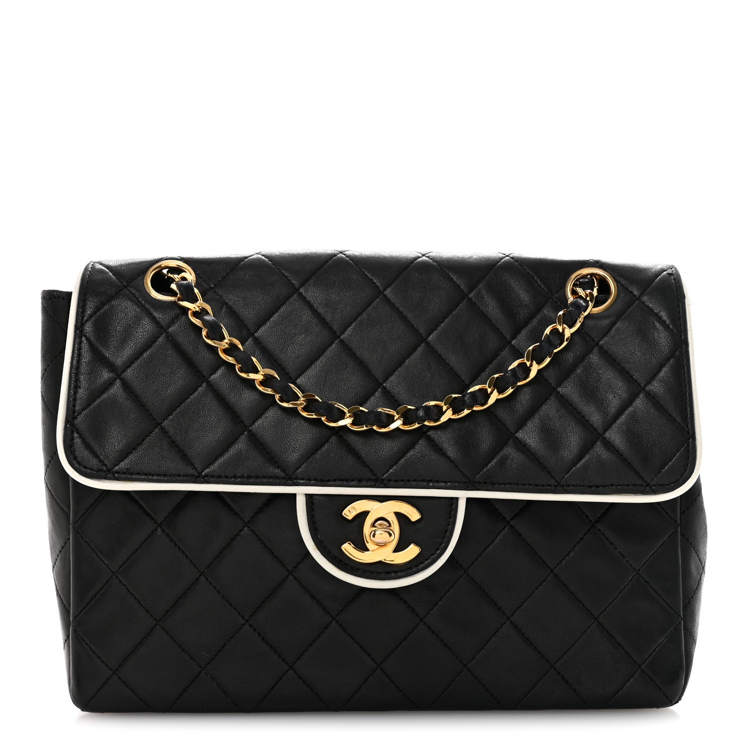 Lambskin Quilted Single Flap Black White