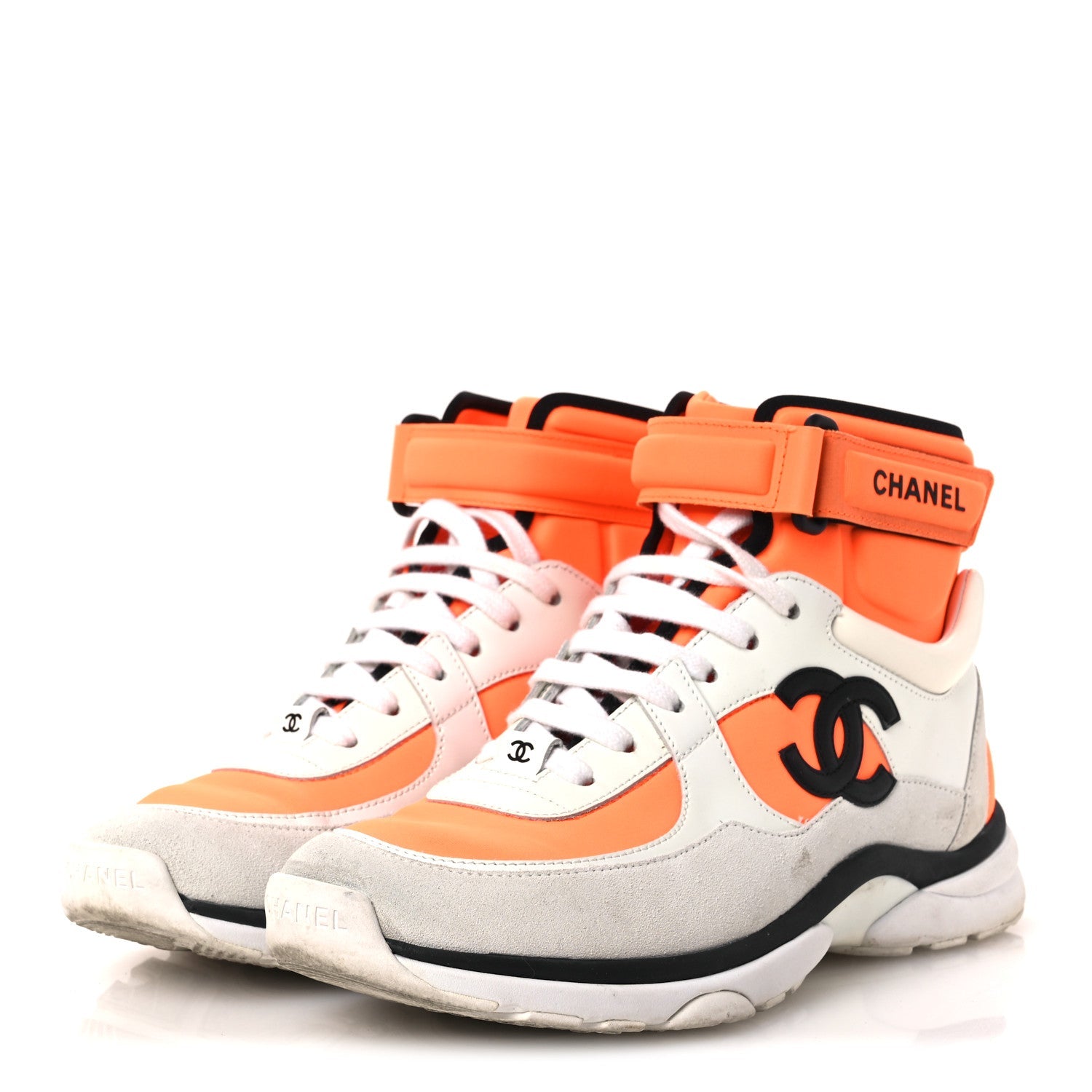 Suede Calfskin Lambskin Neoprene High Top CC Sneakers 39 White Fluo Orange