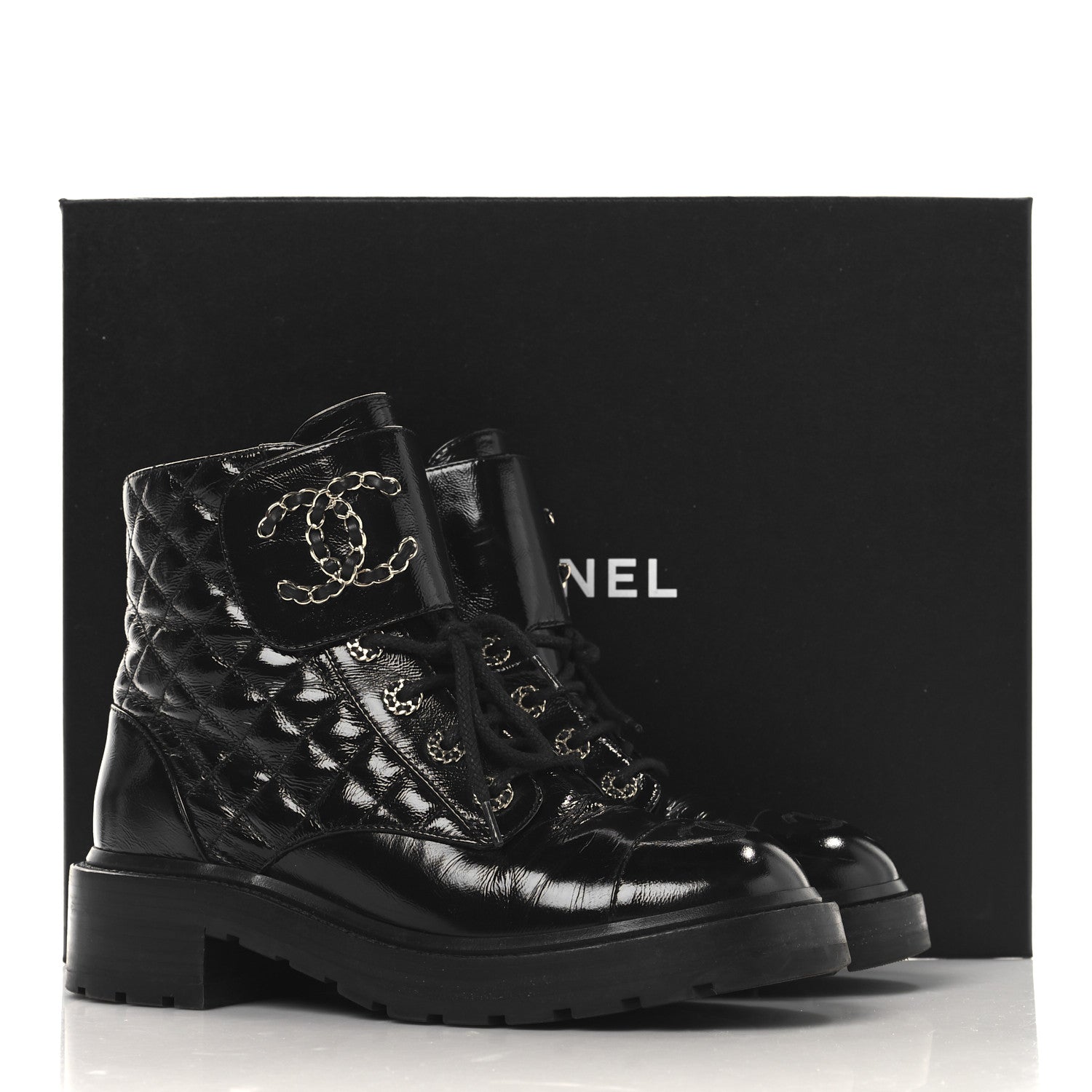 Shiny Calfskin Quilted Lace Up Combat Boots 39 Black