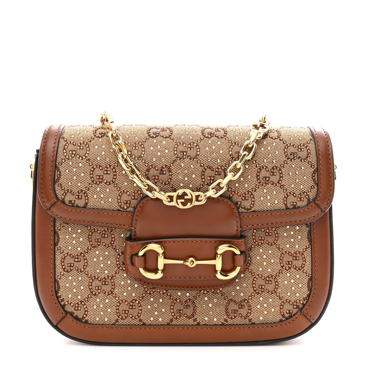 New Canvas Charisma Calfskin Crystal GG Monogram Mini Horsebit 1955 Shoulder Bag Camel Ebony