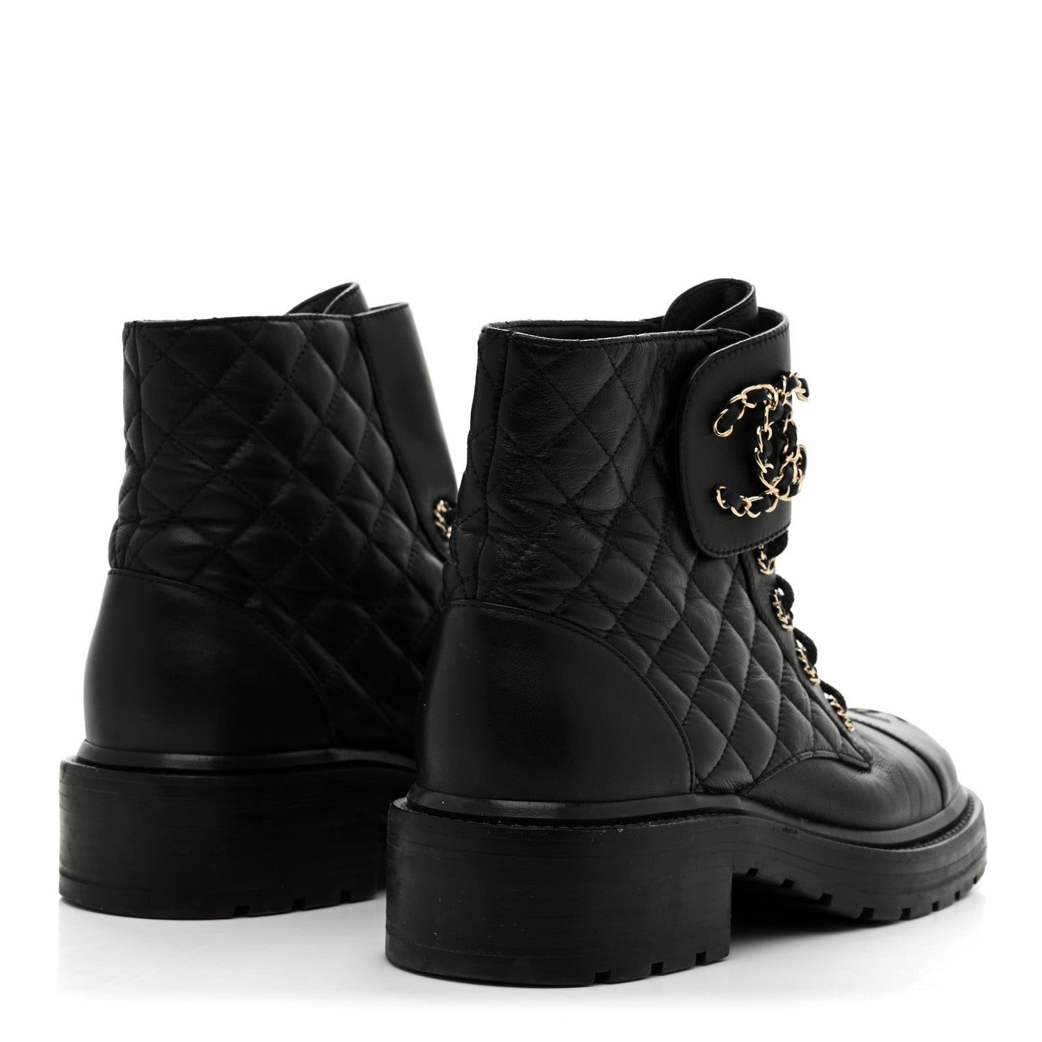 Shiny Lambskin Quilted Lace Up Combat Boots 38 Black