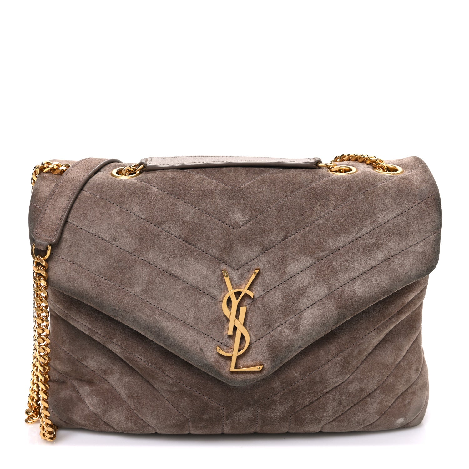 Suede Y Quilted Monogram Medium Loulou Chain Satchel Taupe