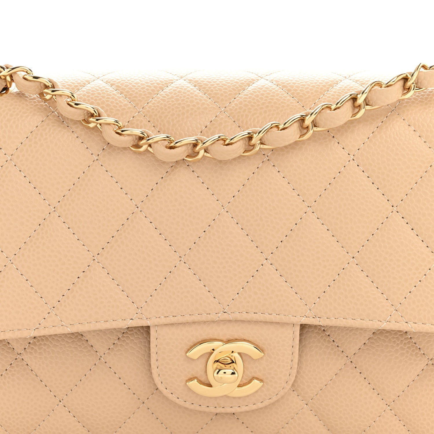 Caviar Quilted Medium Double Flap Beige