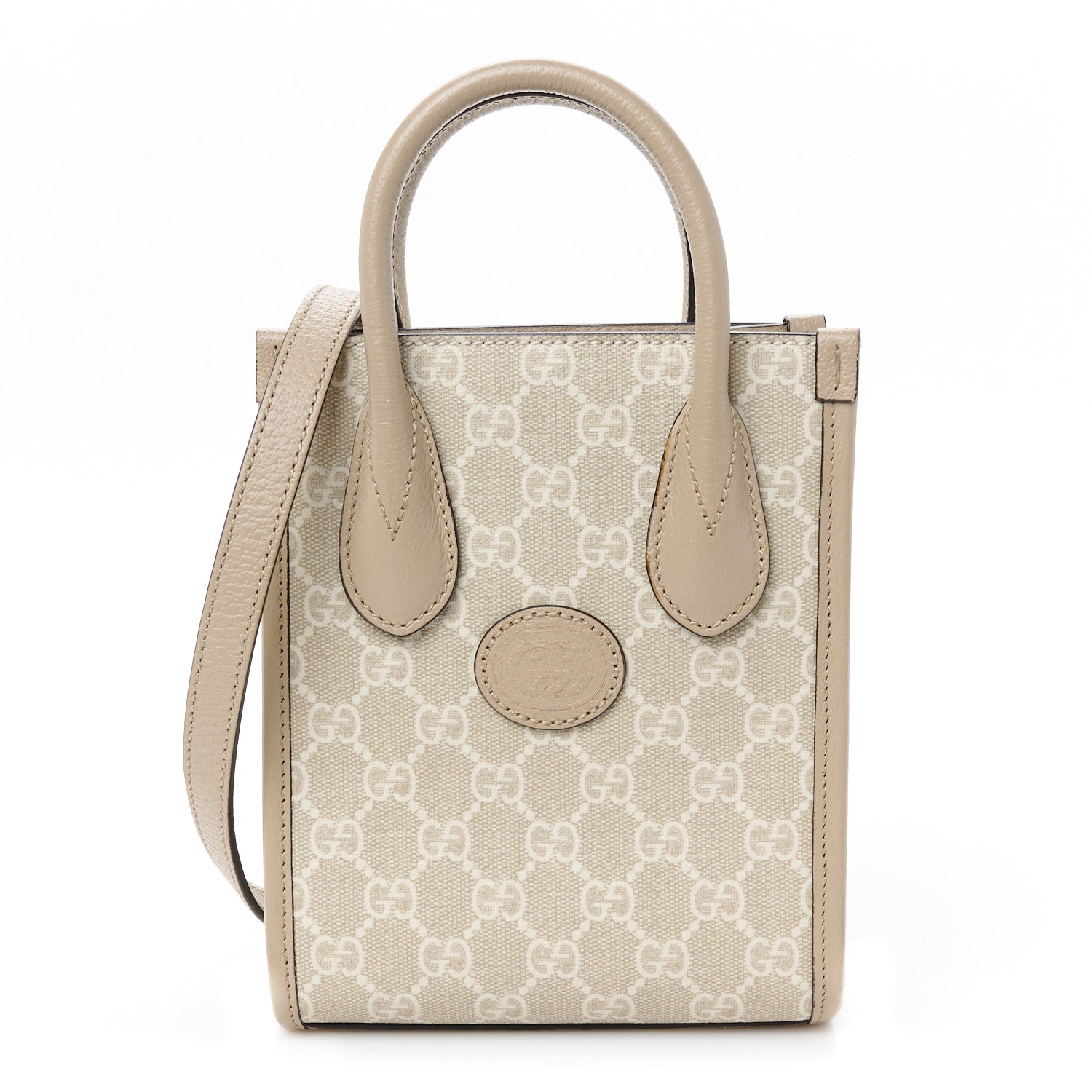 GG Supreme Monogram Textured Dollar Calfskin Mini Retro Interlocking G Tote Bag Beige Mystic White Oatmeal