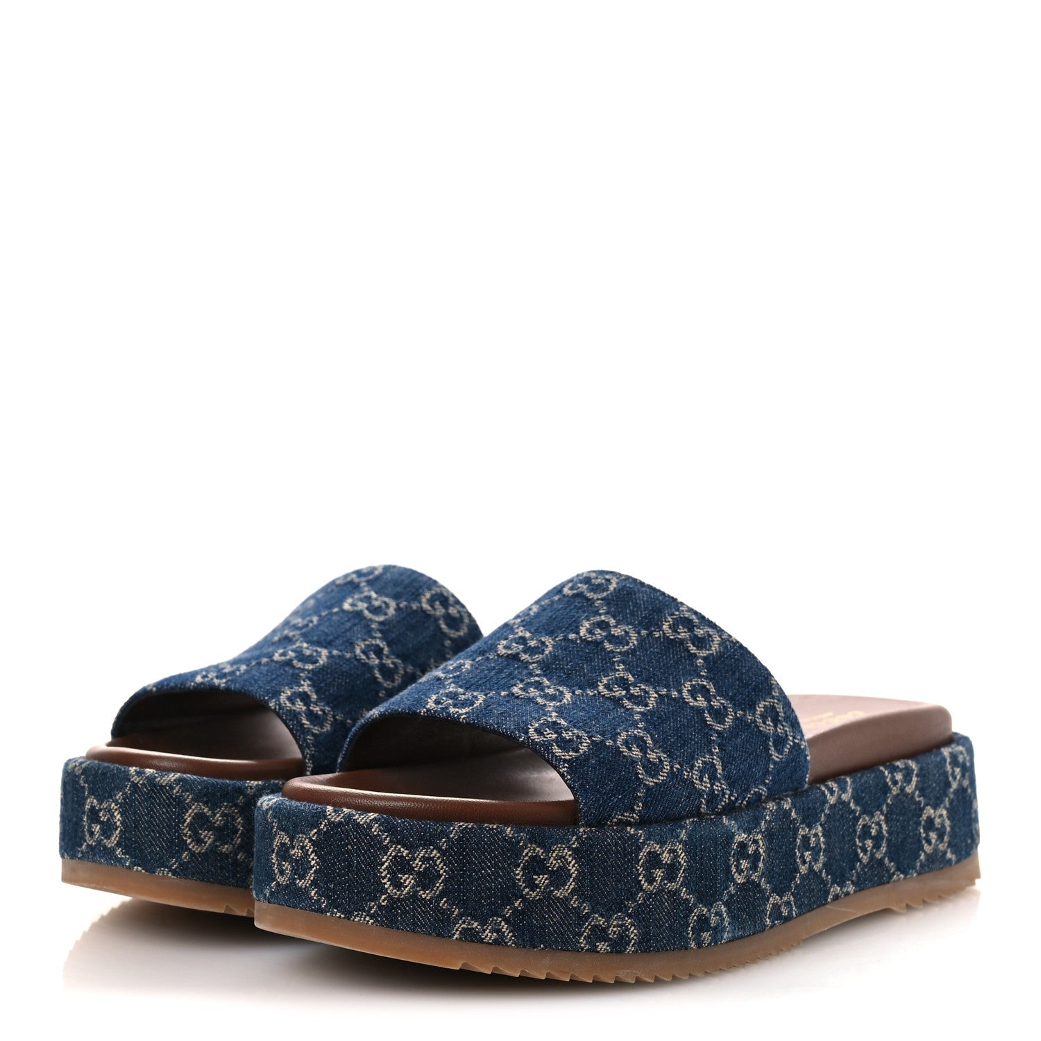 New Denim GG Monogram Angelina Platform 55mm Slide Sandals 39.5 Blue Tea