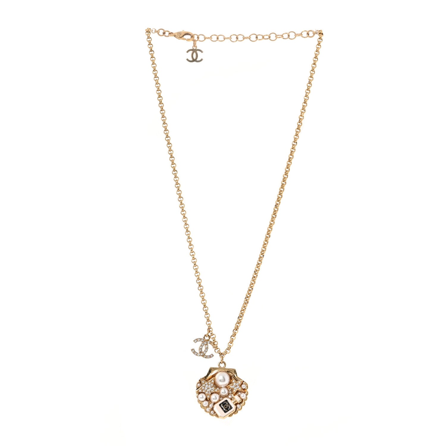 Metal Pearl Crystal CC Shell Necklace Gold