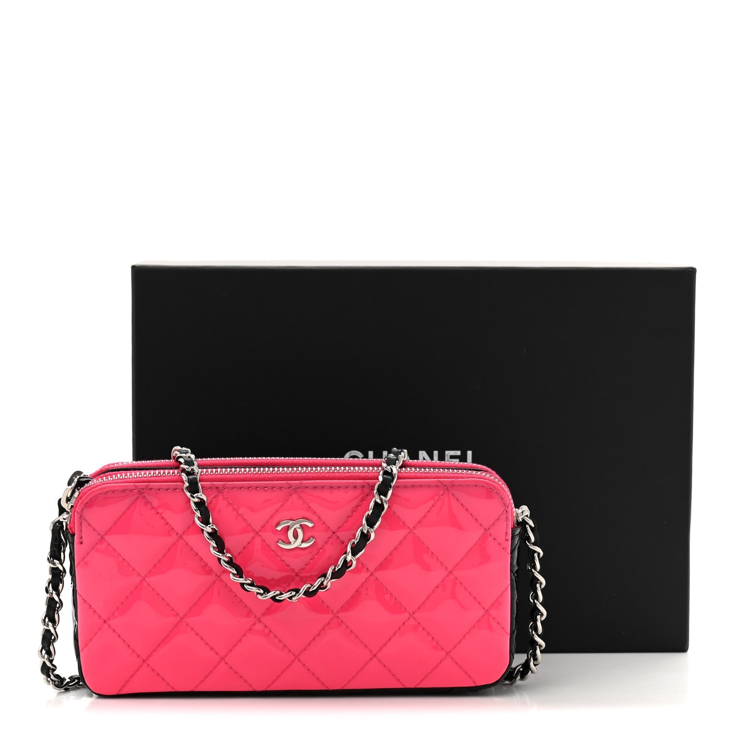 Patent Quilted Small Clutch With Chain Pink Black