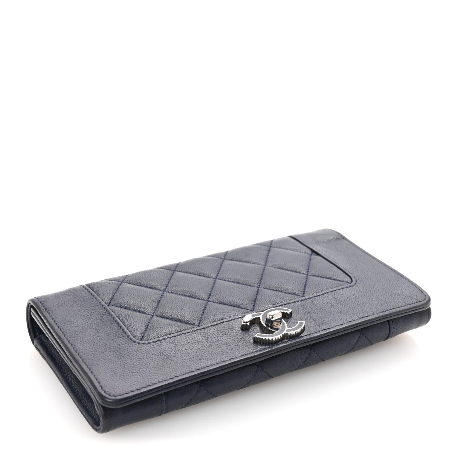 Sheepskin Chevron Quilted Mademoiselle Vintage Flap Wallet Navy