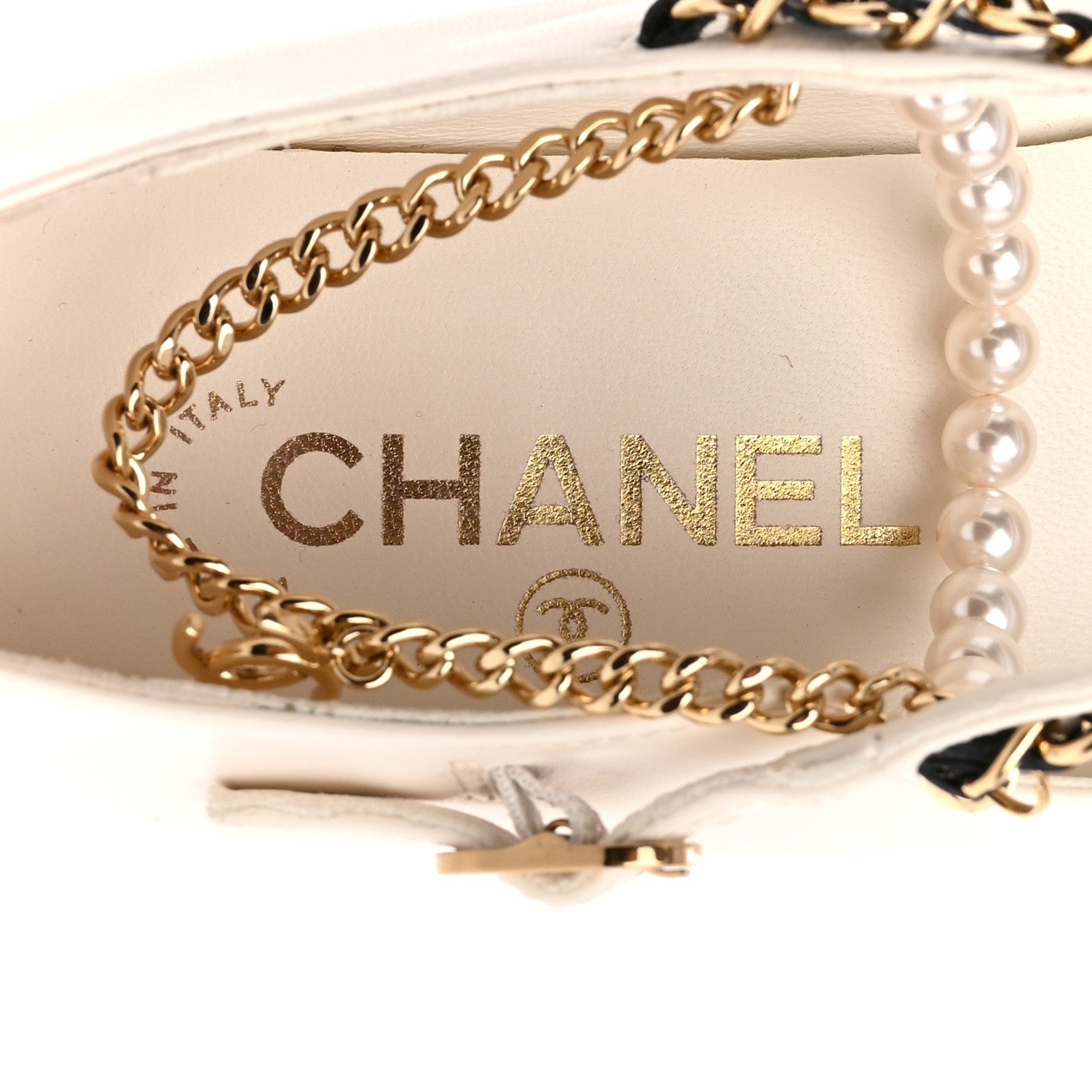 Shiny Lambskin Pearl Cap Toe Ankle Chain Ballerina Flats 38 White Black