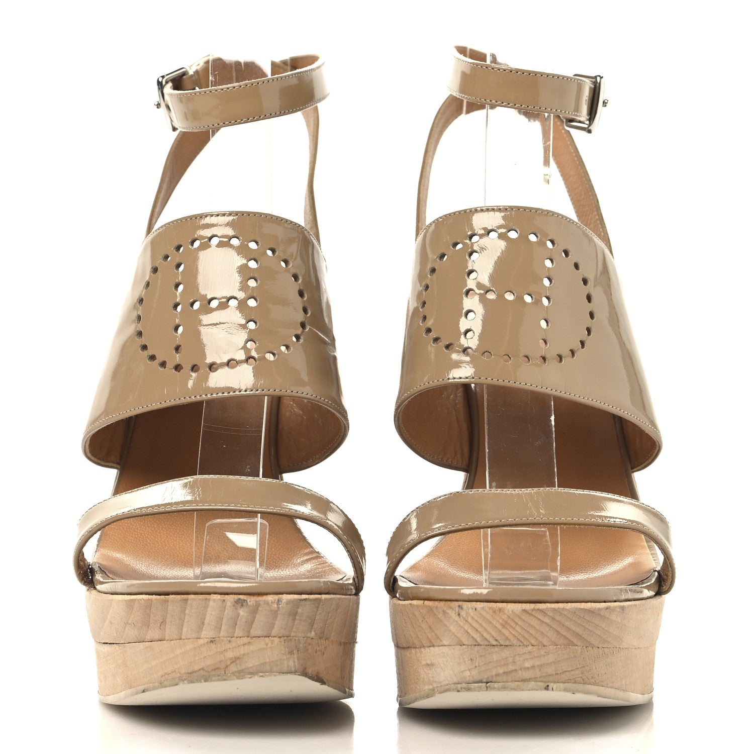 Patent Calfskin Perforated H Platform Sandals 37 Beige
