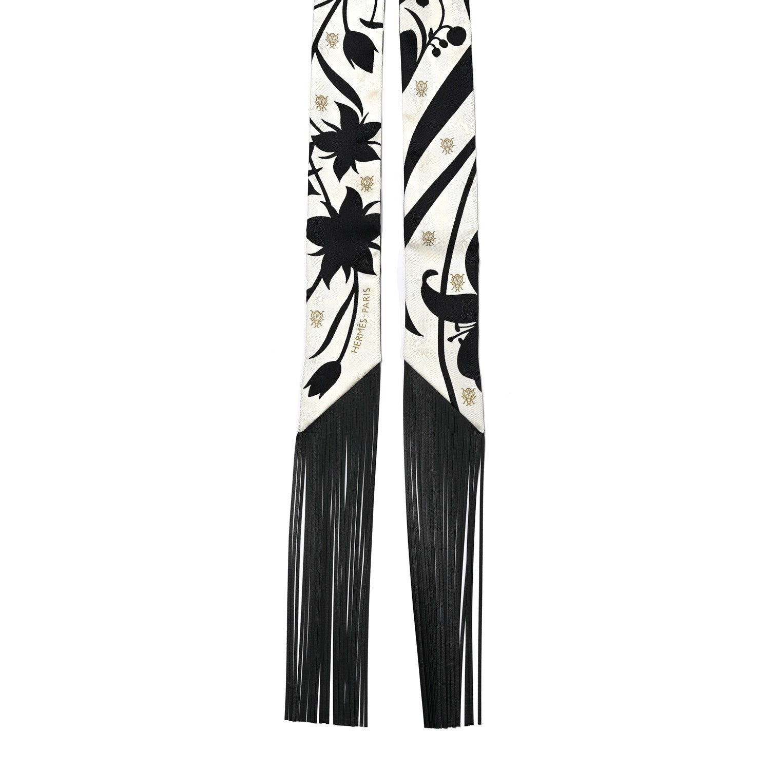 Silk Calfskin Bouquet Final Fringed Twilly Creme Black