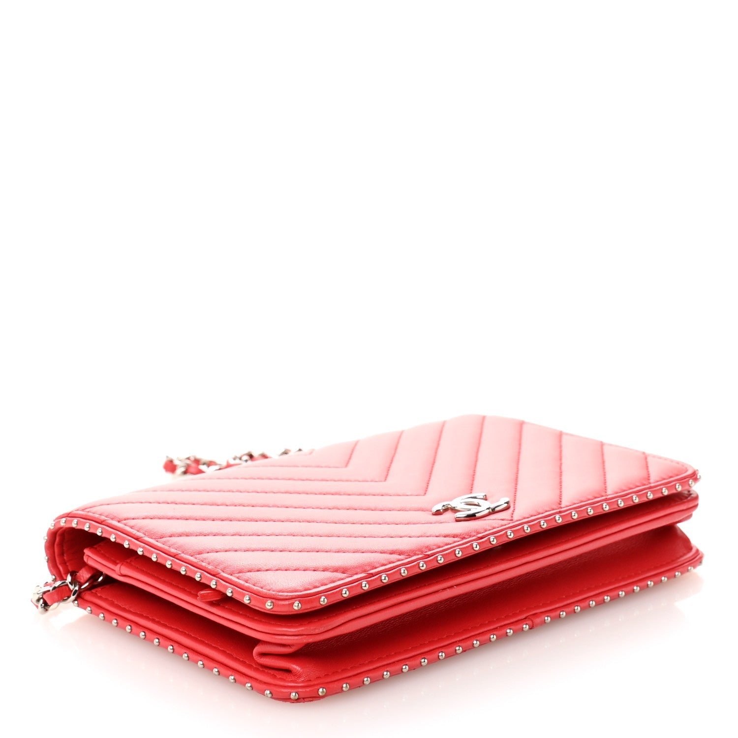 Lambskin Chevron Quilted Studded Wallet On Chain WOC Light Red