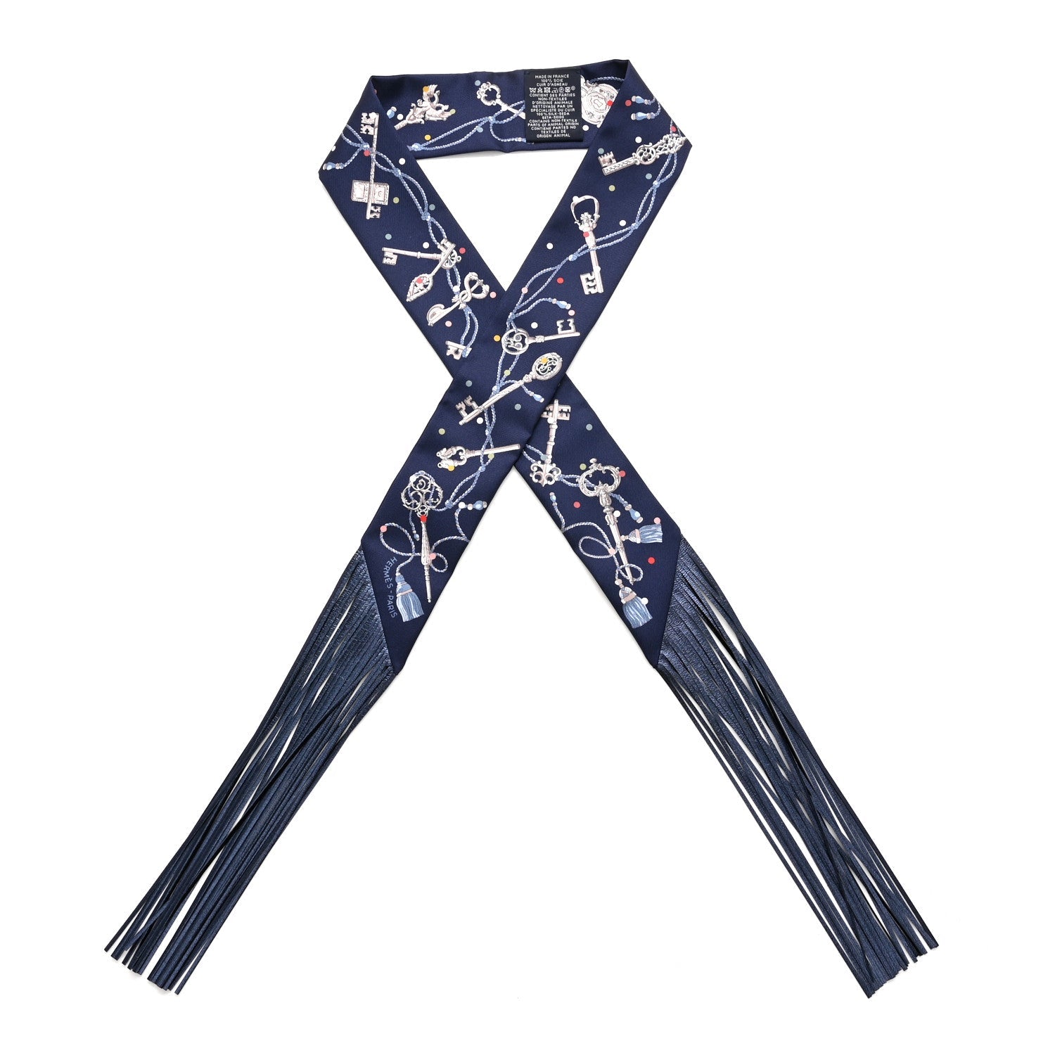 Silk Metallic Agneau Les Cles A Pois Fringed Twilly Bleu Marine Gris Argent Multicolor