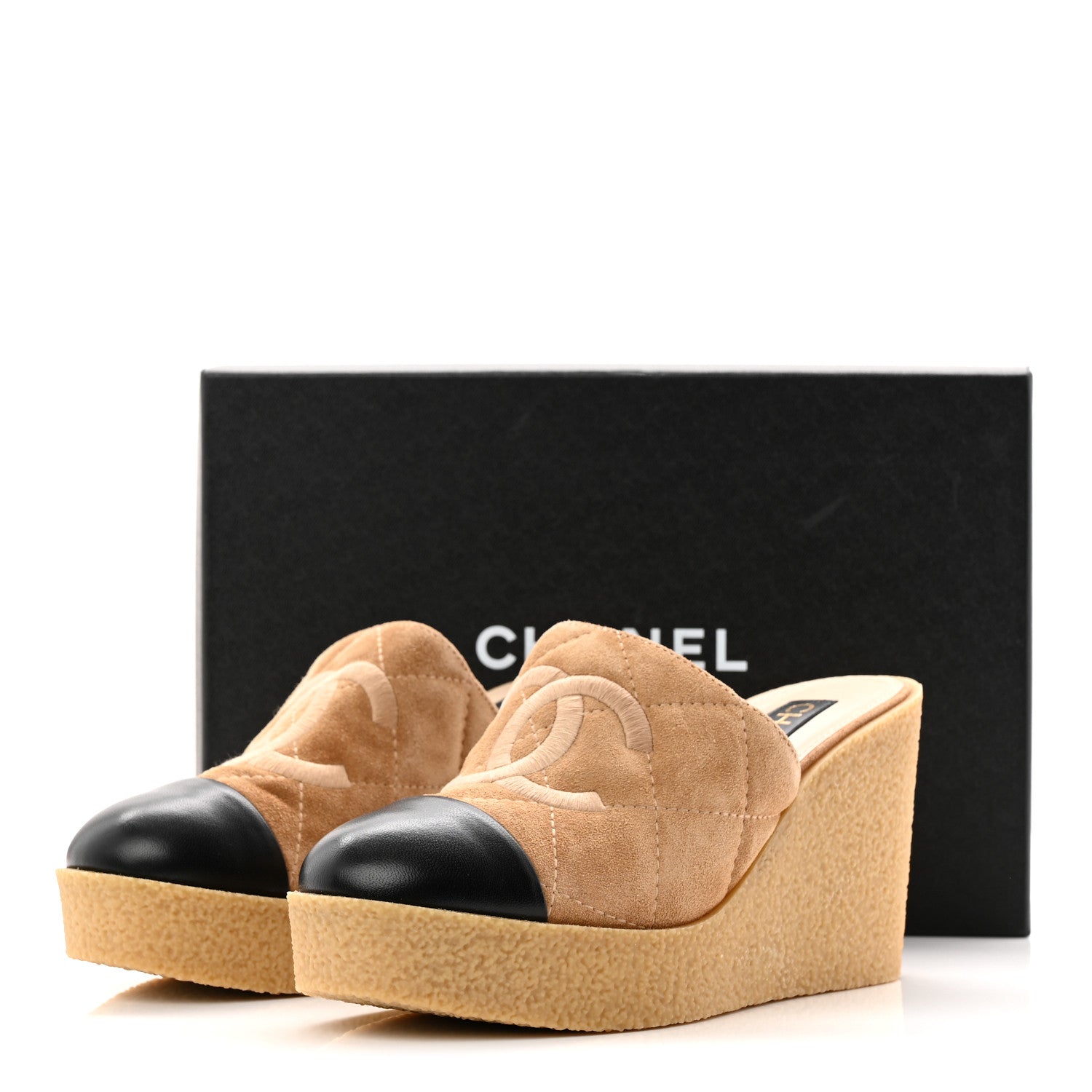 Suede Calfskin Lambskin Quilted CC Mules 40 Beige Black