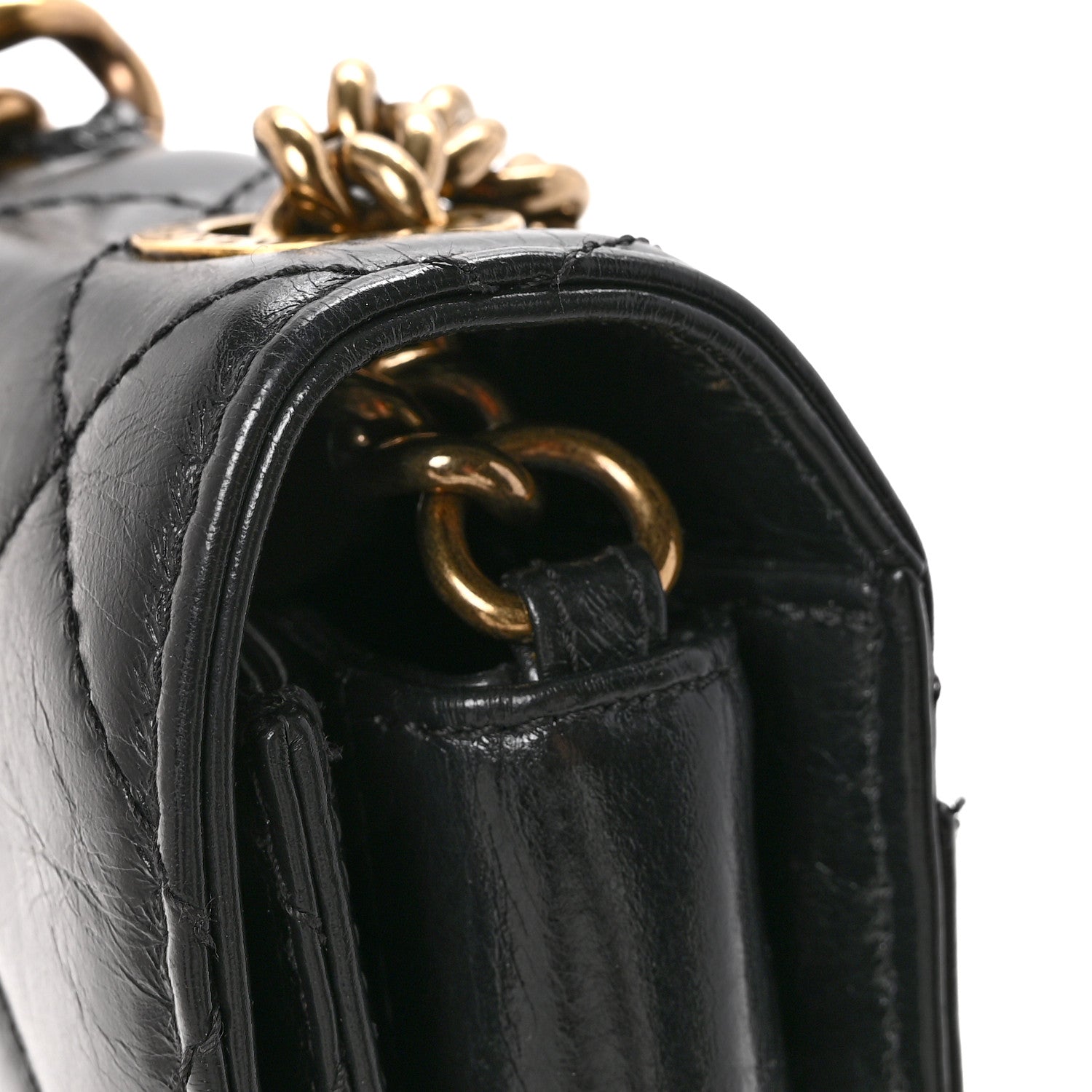 Glazed Calfskin Quilted Medium Perfect Edge Flap Black