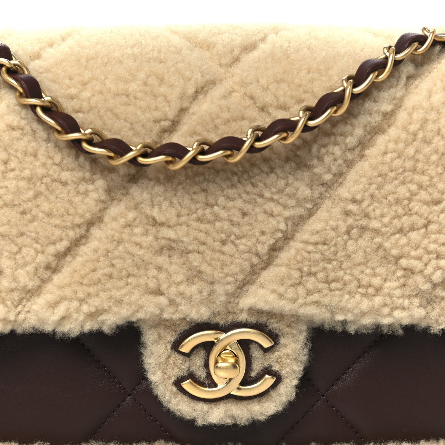 Shearling Lambskin Quilted Furry Coco Flap Dark Brown Beige