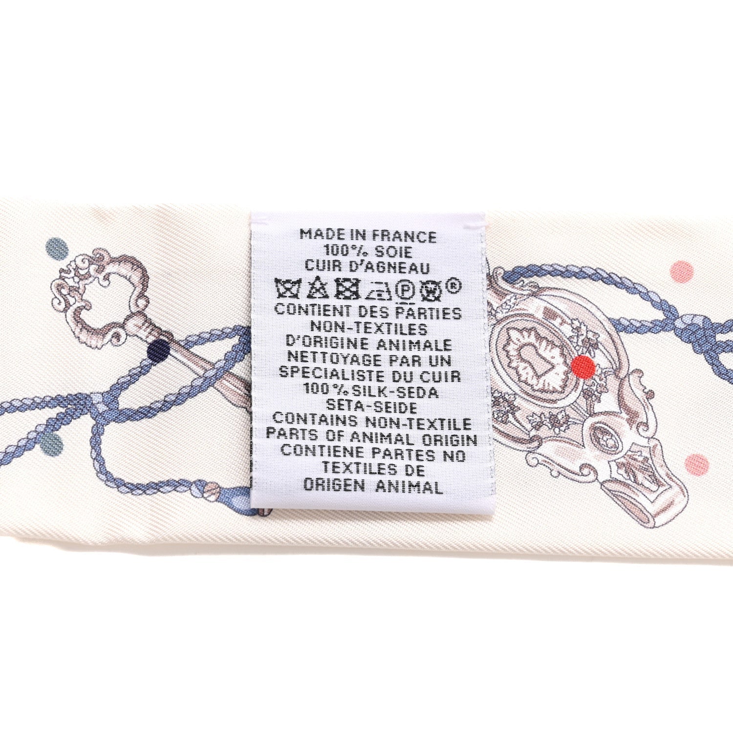 Silk Calfskin Les Cles A Pois Fringed Twilly Creme Gris Perle Multicolor